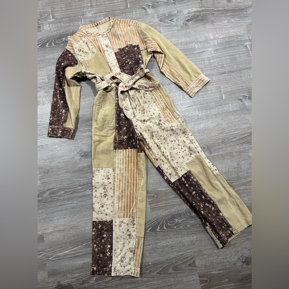 Amazing Free People Road Trip Patched Coveralls XS floral patchwork corduroy